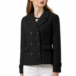 Allegra K Women's Notched Lapel Double Breasted Pea Coat