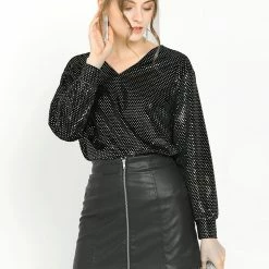 Allegra K Women's Polka Dots Sequin Long Sleeve Pullover V Neck Blouse