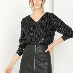 Allegra K Women's Polka Dots Sequin Long Sleeve Pullover V Neck Blouse