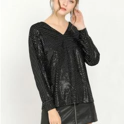 Allegra K Women's Polka Dots Sequin Long Sleeve Pullover V Neck Blouse