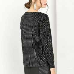 Allegra K Women's Polka Dots Sequin Long Sleeve Pullover V Neck Blouse