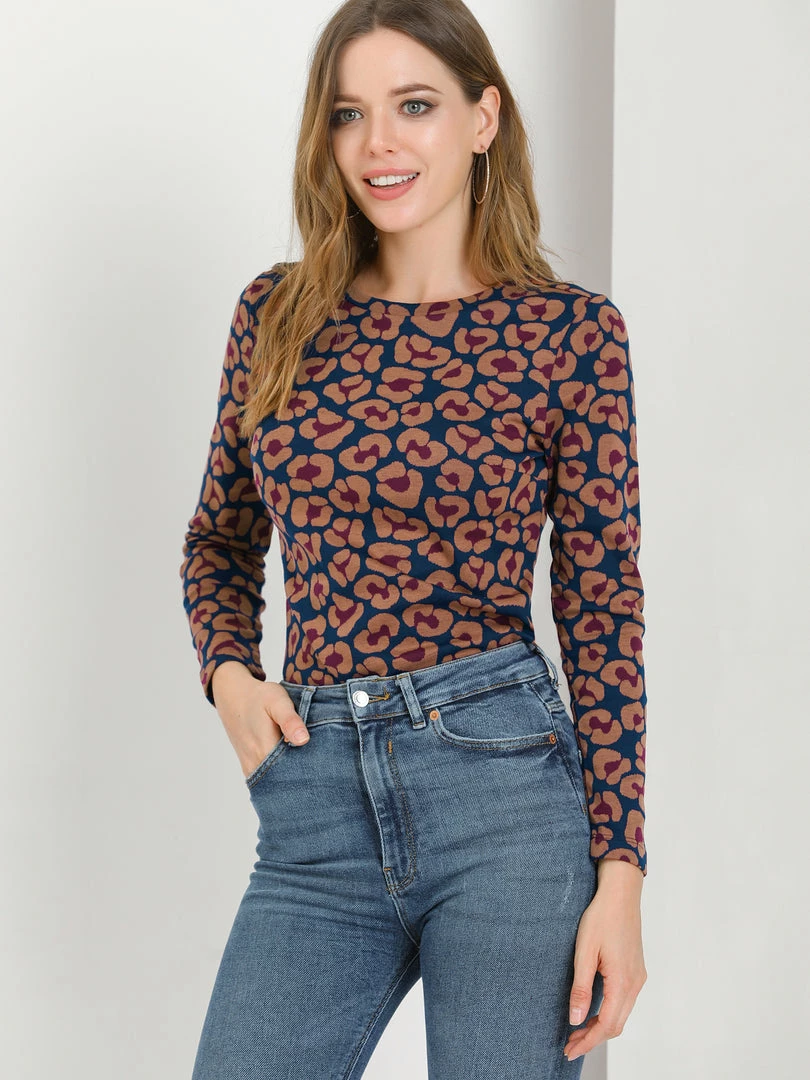 Allegra K Women's Leopard Pattern Crew Neck 3/4 Sleeve Knit Sweatshirt Top 6 Allegra K Women's Leopard Pattern Crew Neck 3/4 Sleeve Knit Sweatshirt Top