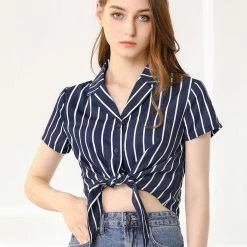 Allegra K Retro Striped Button Up Short Sleeve Tie Front Crop Shirt Women 59 Allegra K Retro Striped Button Up Short Sleeve Tie Front Crop Shirt Women