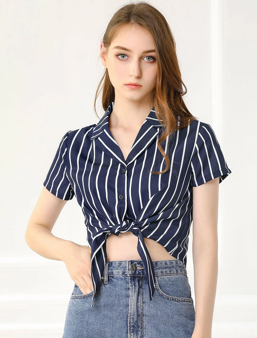 Allegra K Retro Striped Button Up Short Sleeve Tie Front Crop Shirt Women 17 Allegra K Retro Striped Button Up Short Sleeve Tie Front Crop Shirt Women