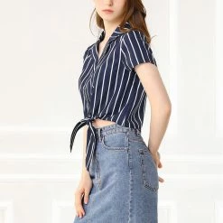 Allegra K Retro Striped Button Up Short Sleeve Tie Front Crop Shirt Women 60 Allegra K Retro Striped Button Up Short Sleeve Tie Front Crop Shirt Women