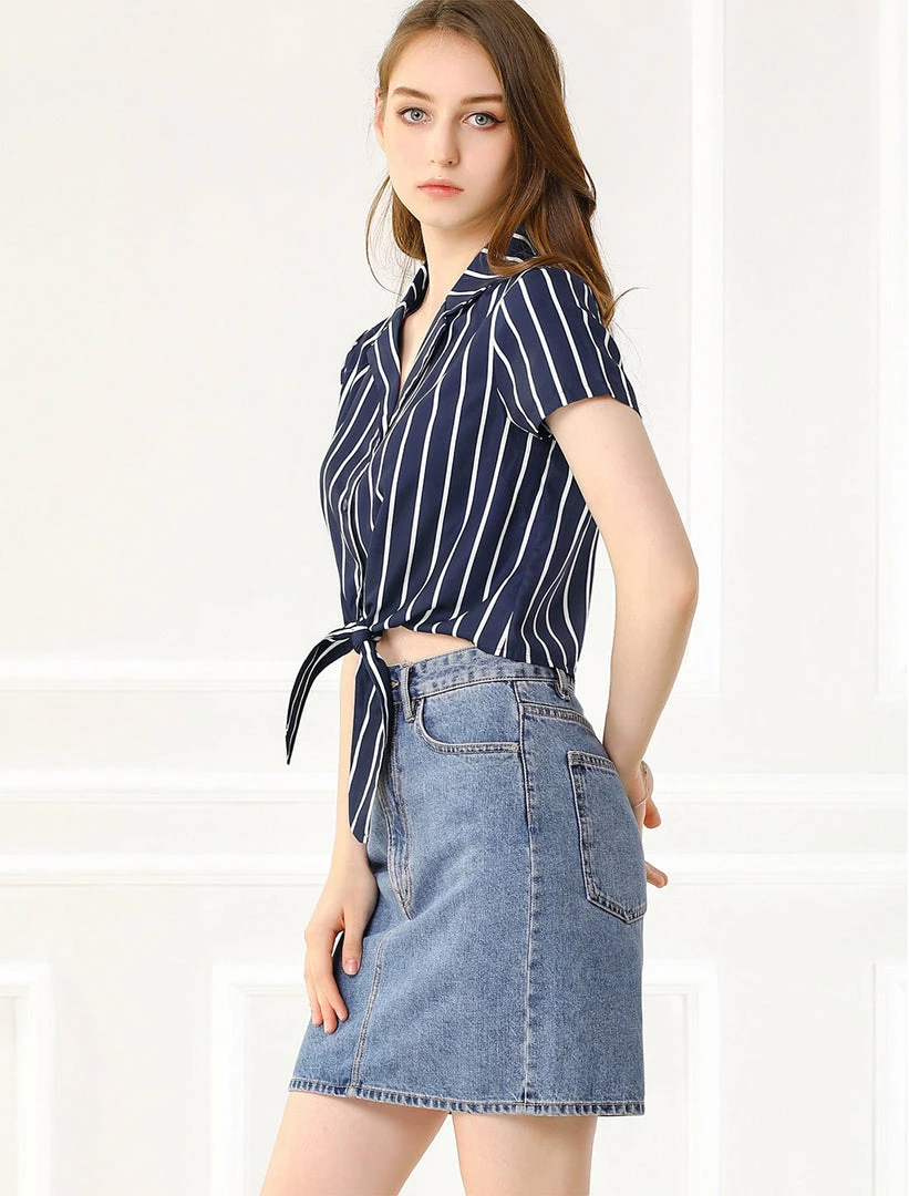 Allegra K Retro Striped Button Up Short Sleeve Tie Front Crop Shirt Women 18 Allegra K Retro Striped Button Up Short Sleeve Tie Front Crop Shirt Women