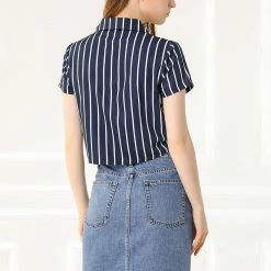 Allegra K Retro Striped Button Up Short Sleeve Tie Front Crop Shirt Women 61 Allegra K Retro Striped Button Up Short Sleeve Tie Front Crop Shirt Women