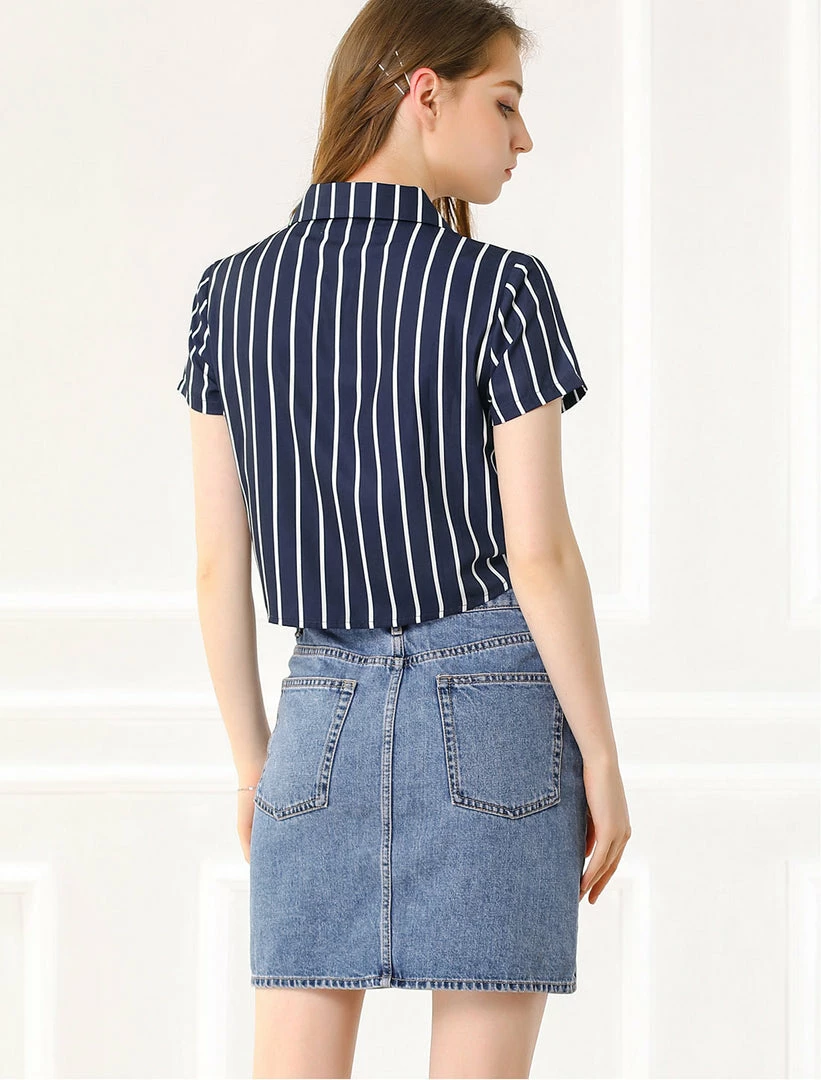 Allegra K Retro Striped Button Up Short Sleeve Tie Front Crop Shirt Women 19 Allegra K Retro Striped Button Up Short Sleeve Tie Front Crop Shirt Women