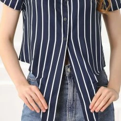 Allegra K Retro Striped Button Up Short Sleeve Tie Front Crop Shirt Women 63 Allegra K Retro Striped Button Up Short Sleeve Tie Front Crop Shirt Women