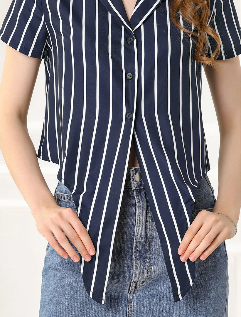 Allegra K Retro Striped Button Up Short Sleeve Tie Front Crop Shirt Women 21 Allegra K Retro Striped Button Up Short Sleeve Tie Front Crop Shirt Women