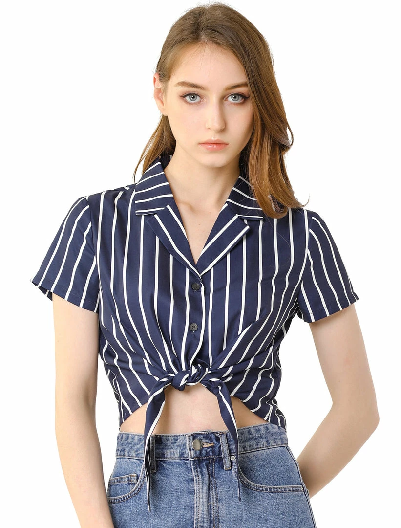 Allegra K Retro Striped Button Up Short Sleeve Tie Front Crop Shirt Women 16 Allegra K Retro Striped Button Up Short Sleeve Tie Front Crop Shirt Women