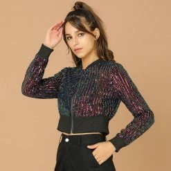 Allegra K Women's Sequin Sparkle Open Front Cardigan Coat Zipper Cropped Bomber Jacket