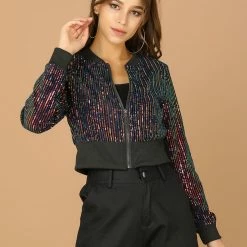 Allegra K Women's Sequin Sparkle Open Front Cardigan Coat Zipper Cropped Bomber Jacket