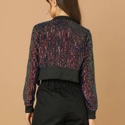 Allegra K Women's Sequin Sparkle Open Front Cardigan Coat Zipper Cropped Bomber Jacket