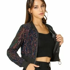 Allegra K Women's Sequin Sparkle Open Front Cardigan Coat Zipper Cropped Bomber Jacket