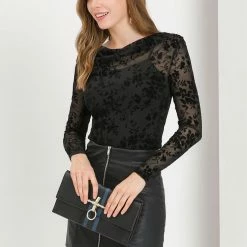 Allegra K Women's Slim Long Sleeves Cowl Neck Floral Sheer Mesh Blouse Top 12 Allegra K Women's Slim Long Sleeves Cowl Neck Floral Sheer Mesh Blouse Top