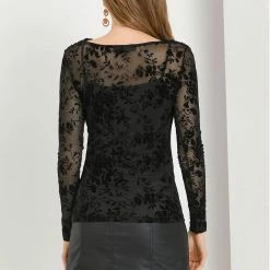 Allegra K Women's Slim Long Sleeves Cowl Neck Floral Sheer Mesh Blouse Top 14 Allegra K Women's Slim Long Sleeves Cowl Neck Floral Sheer Mesh Blouse Top