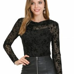 Allegra K Women's Slim Long Sleeves Cowl Neck Floral Sheer Mesh Blouse Top