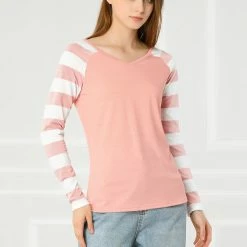 Allegra K Striped Long Raglan Sleeves V Neck Tee Shirt 85 Allegra K Striped Long Raglan Sleeves V Neck Tee Shirt