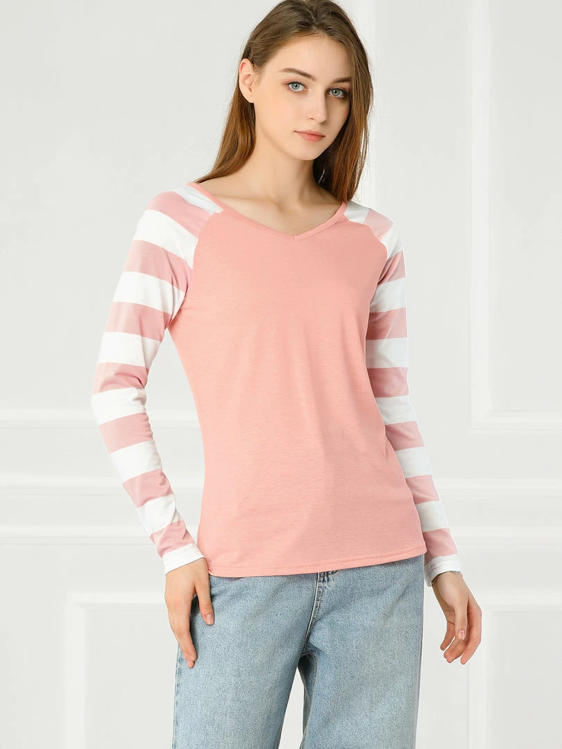 Allegra K Striped Long Raglan Sleeves V Neck Tee Shirt 40 Allegra K Striped Long Raglan Sleeves V Neck Tee Shirt