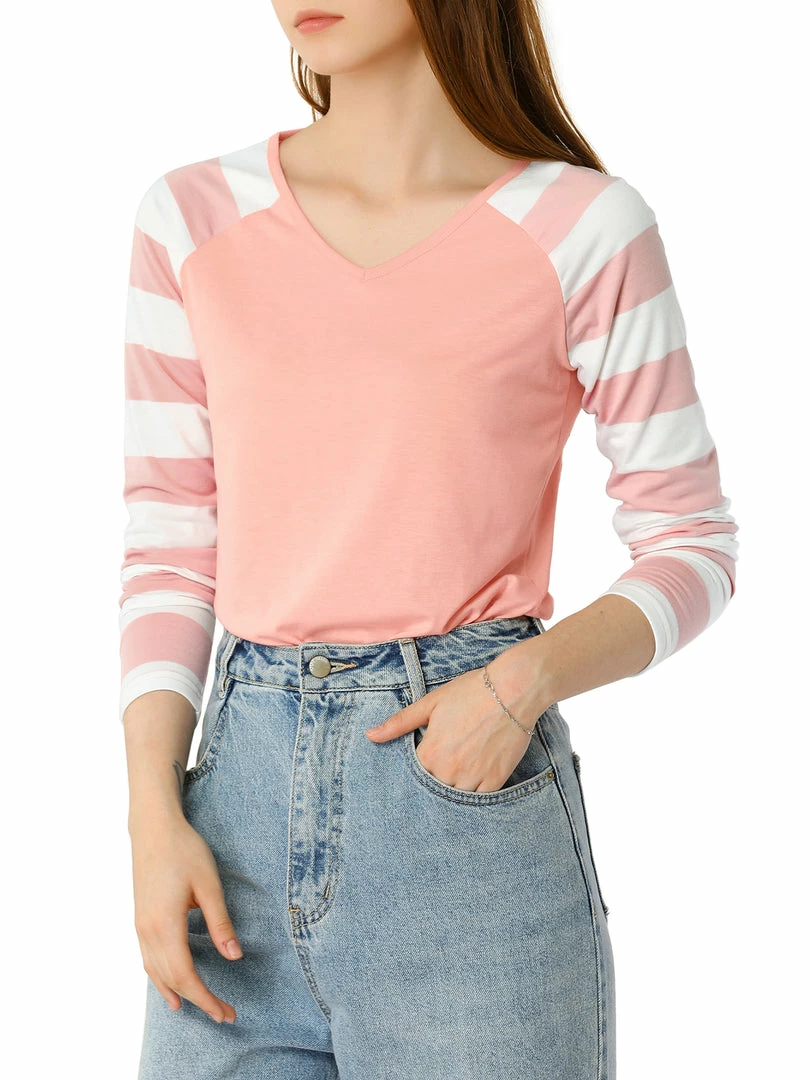 Allegra K Striped Long Raglan Sleeves V Neck Tee Shirt 38 Allegra K Striped Long Raglan Sleeves V Neck Tee Shirt