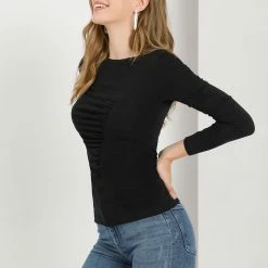 Allegra K Women's Slim Long Sleeves Ruched Pleated Top Blouse Stretchy Cotton T-Shirt