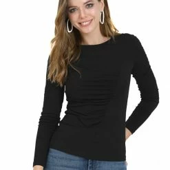 Allegra K Women's Slim Long Sleeves Ruched Pleated Top Blouse Stretchy Cotton T-Shirt