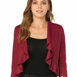 Allegra K Women's Casual Ruffle Neck Long Sleeve Cardigan Ruffled Hem Open Front Knit Short Shrug 10 Allegra K Women's Casual Ruffle Neck Long Sleeve Cardigan Ruffled Hem Open Front Knit Short Shrug