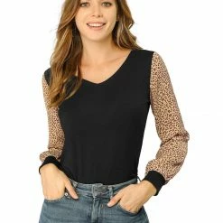 Allegra K Women's Casual Leopard Print V Neck Patchwork Long Sleeve Tops T-Shirts