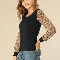 Allegra K Women's Casual Leopard Print V Neck Patchwork Long Sleeve Tops T-Shirts
