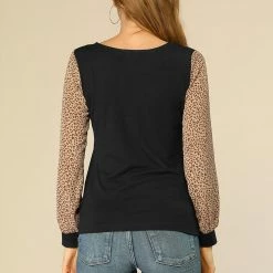 Allegra K Women's Casual Leopard Print V Neck Patchwork Long Sleeve Tops T-Shirts