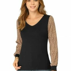 Allegra K Women's Casual Leopard Print V Neck Patchwork Long Sleeve Tops T-Shirts