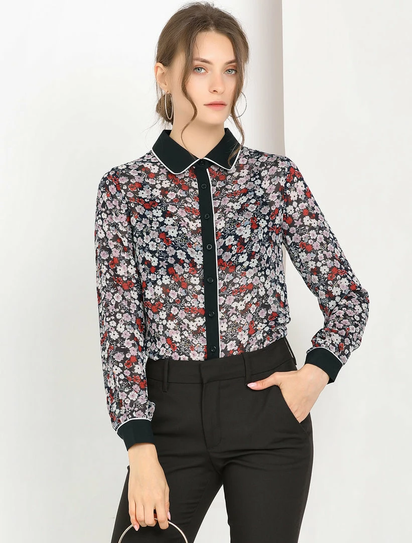 Allegra K Women's Floral Printed Button Up Contrast Color Long Sleeve Work Office Shirt Top 5 Allegra K Women's Floral Printed Button Up Contrast Color Long Sleeve Work Office Shirt Top
