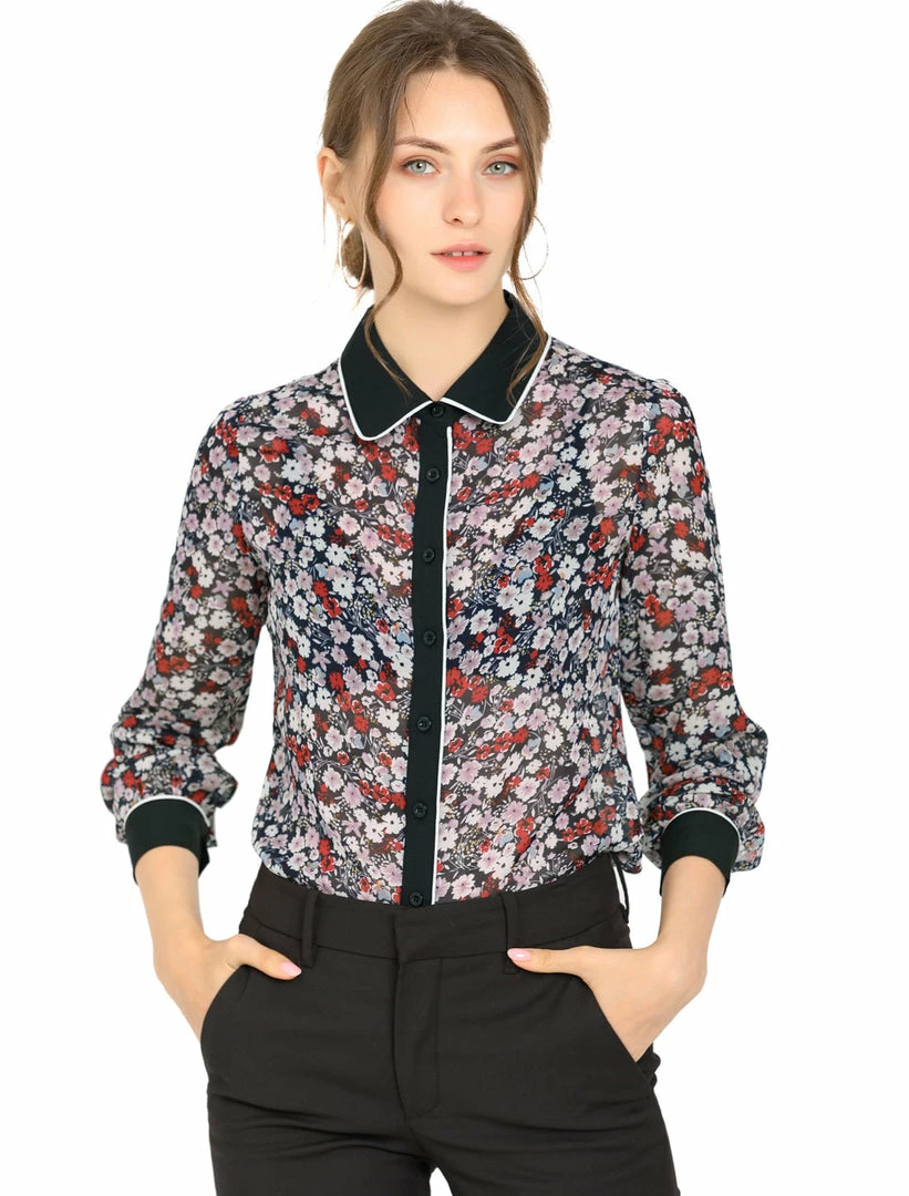 Allegra K Women's Floral Printed Button Up Contrast Color Long Sleeve Work Office Shirt Top 4 Allegra K Women's Floral Printed Button Up Contrast Color Long Sleeve Work Office Shirt Top