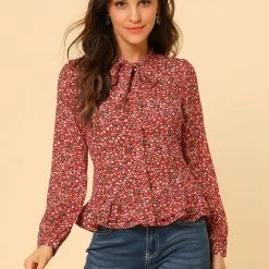 Allegra K Women's Floral Tie Bow Neck Button Down Ruffle Hem Blouse Shirt