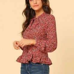 Allegra K Women's Floral Tie Bow Neck Button Down Ruffle Hem Blouse Shirt
