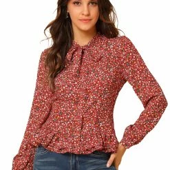 Allegra K Women's Floral Tie Bow Neck Button Down Ruffle Hem Blouse Shirt