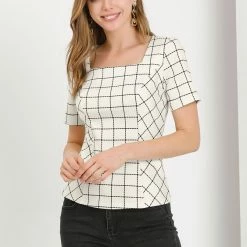 Allegra K Women's Square Neck Plaid Check Blouse Office Summer Short Sleeve Shirt Top