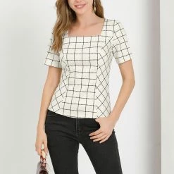 Allegra K Women's Square Neck Plaid Check Blouse Office Summer Short Sleeve Shirt Top