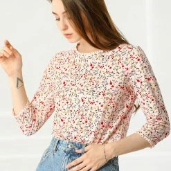 Allegra K Women's 3/4 Sleeves Lace Trim Floral Top
