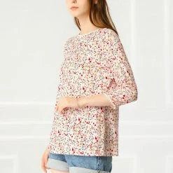 Allegra K Women's 3/4 Sleeves Lace Trim Floral Top