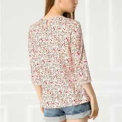 Allegra K Women's 3/4 Sleeves Lace Trim Floral Top