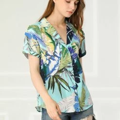 Allegra K Women's Hawaiian Floral Leaves Printed Shirt Short Sleeve Button Down Vintage Beach Top Blouse