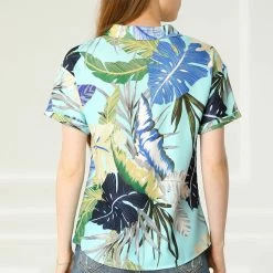 Allegra K Women's Hawaiian Floral Leaves Printed Shirt Short Sleeve Button Down Vintage Beach Top Blouse