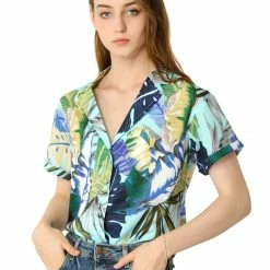 Allegra K Women's Hawaiian Floral Leaves Printed Shirt Short Sleeve Button Down Vintage Beach Top Blouse
