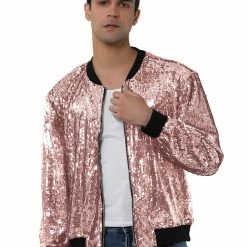 Allegra K Men's Sequin Varsity Jacket Long Sleeve Zipper Glitter Sequins Bomber Jacket 52 Allegra K Men's Sequin Varsity Jacket Long Sleeve Zipper Glitter Sequins Bomber Jacket