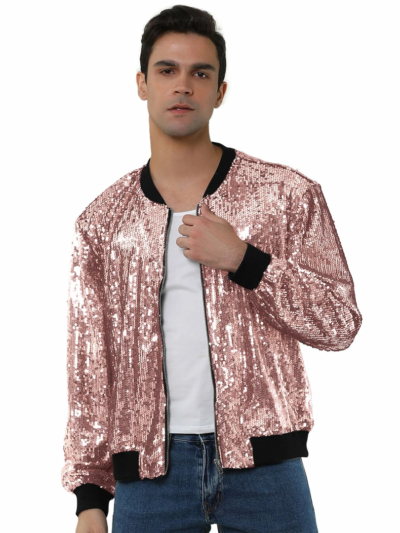 Allegra K Men's Sequin Varsity Jacket Long Sleeve Zipper Glitter Sequins Bomber Jacket 11 Allegra K Men's Sequin Varsity Jacket Long Sleeve Zipper Glitter Sequins Bomber Jacket
