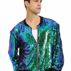 Allegra K Men's Sequin Varsity Jacket Long Sleeve Zipper Glitter Sequins Bomber Jacket 46 Allegra K Men's Sequin Varsity Jacket Long Sleeve Zipper Glitter Sequins Bomber Jacket