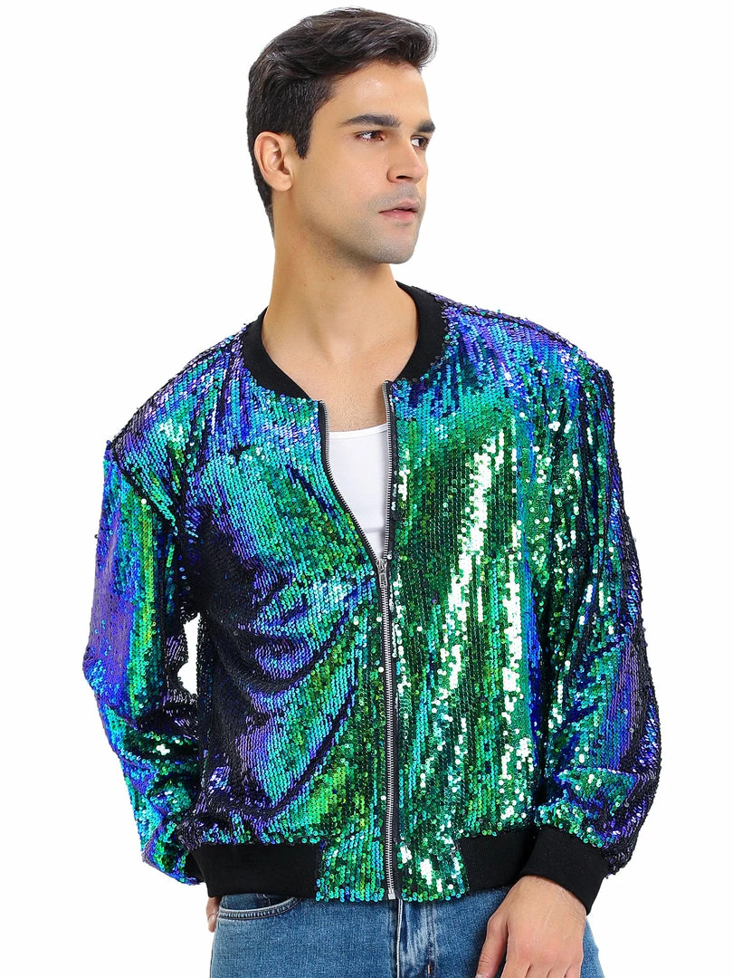Allegra K Men's Sequin Varsity Jacket Long Sleeve Zipper Glitter Sequins Bomber Jacket 5 Allegra K Men's Sequin Varsity Jacket Long Sleeve Zipper Glitter Sequins Bomber Jacket