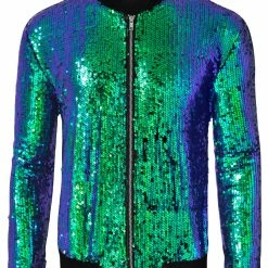 Allegra K Men's Sequin Varsity Jacket Long Sleeve Zipper Glitter Sequins Bomber Jacket